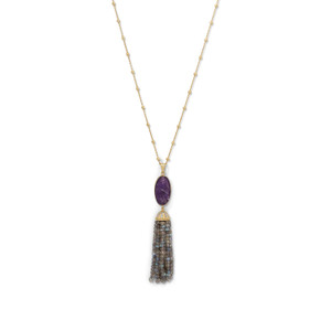 14 Karat Gold Plated Amethyst and Labradorite Tassel Necklace 14 Karat Gold Plated Amethyst and Labradorite Tassel Necklace