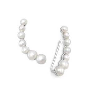 Rhodium Plated Graduated Cultured Freshwater Pearl Ear Climbers Rhodium Plated Graduated Cultured Freshwater Pearl Ear Climbers