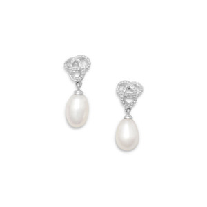 Rhodium Plated Love Knot Earrings with Cultured Freshwater Pearl Drop Rhodium Plated Love Knot Earrings with Cultured Freshwater Pearl Drop