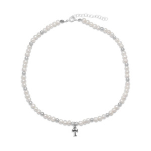 13 +2 Extension White Cultured Freshwater Pearl and Silver Bead Necklace with Cross Drop 13 +2 Extension White Cultured Freshwater Pearl and Silver Bead Necklace with Cross Drop
