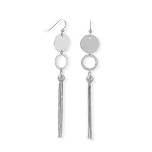 Rhodium Plated Disk and Circle Long Tassel Earring Rhodium Plated Disk and Circle Long Tassel Earring