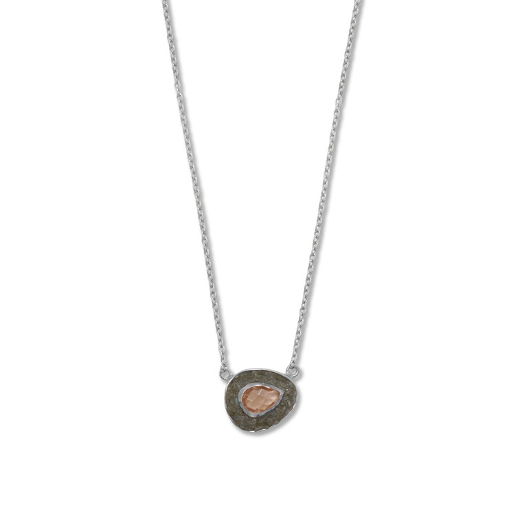 18 + 2 Rhodium Plated Pink Glass and Labradorite Halo Necklace