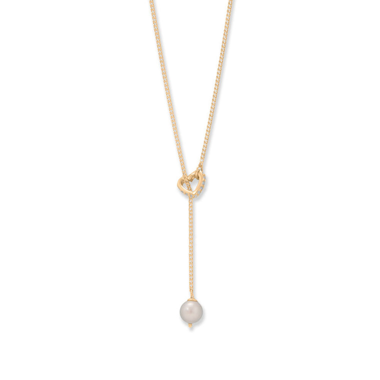 16 + 2 14 Karat Gold Plated Cultured Freshwater Pearl and CZ Heart Lariat Necklace