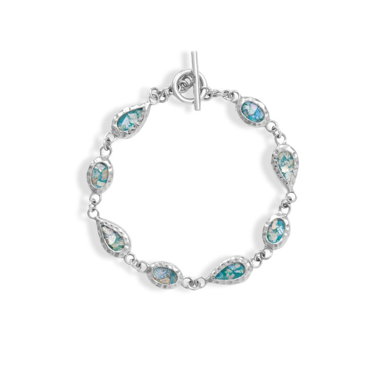 7.5 Oxidized Pear and Oval Roman Glass Toggle Bracelet