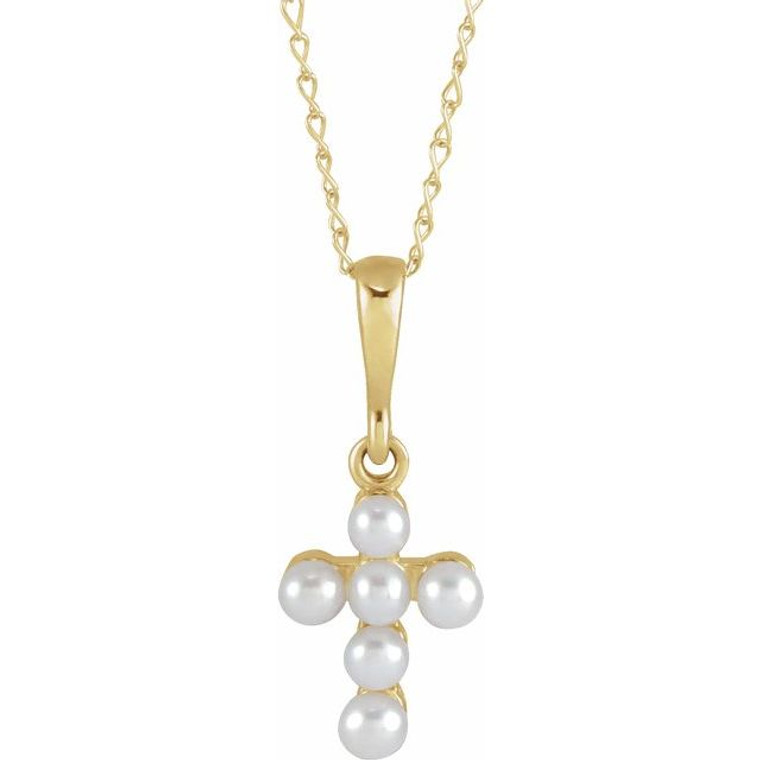 14K Yellow Cultured White Seed Pearl Youth Cross 16" Necklace