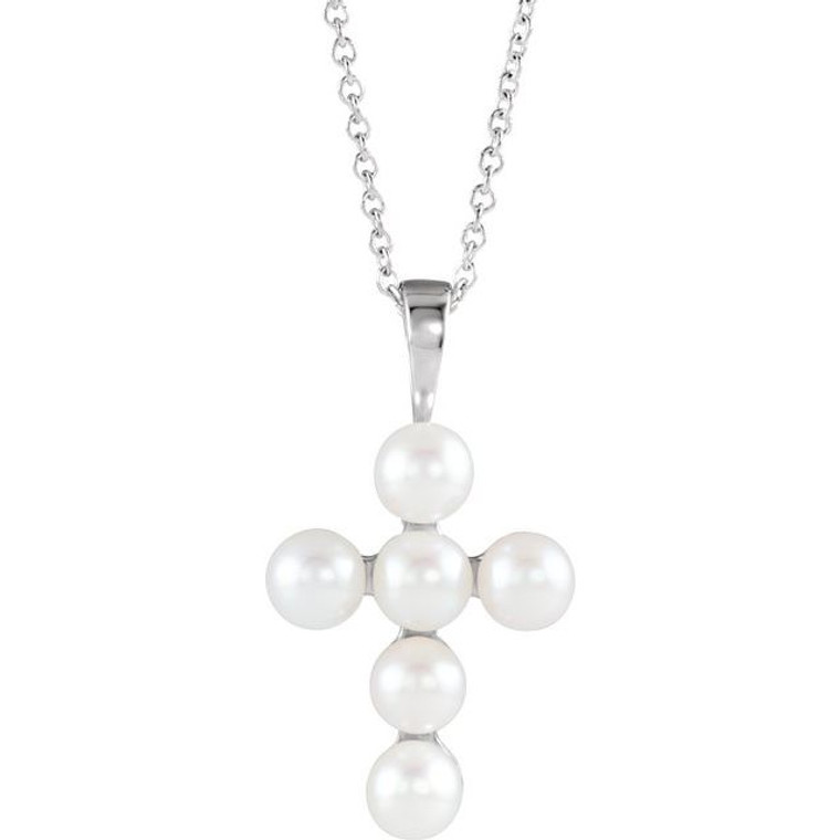 14K White Cultured White Freshwater Pearl Cross 16-18" Necklace 14K White Cultured White Freshwater Pearl Cross 16-18" Necklace