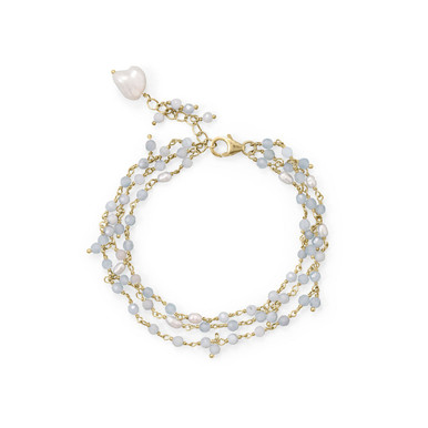 7+1 14 Karat Gold Plated Aquamarine and Cultured Fresh Water Pearl Bracelet