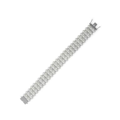 8 Rhodium Plated 3 Row Simulated Pearl and CZ Bracelet