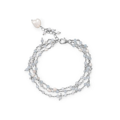 7+1 Three Strand Aquamarine and Cultured Fresh Water Pearl Bracelet