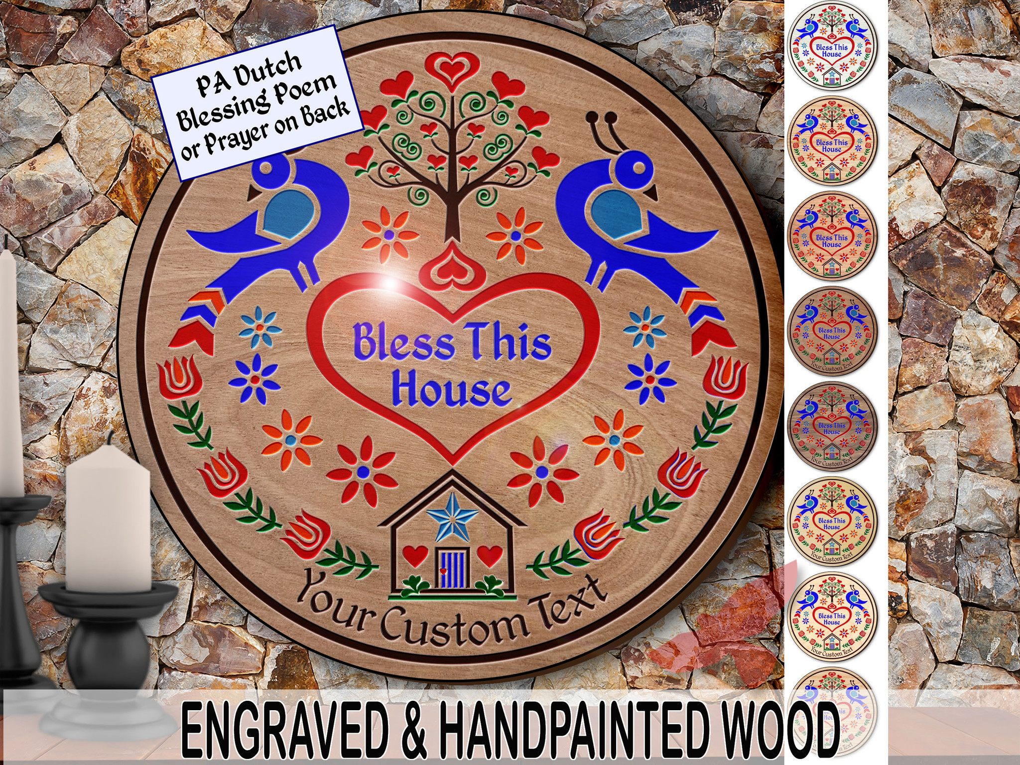PA Dutch Custom Hex Sign Bless Home Engraved Hand-Painted Hardwood