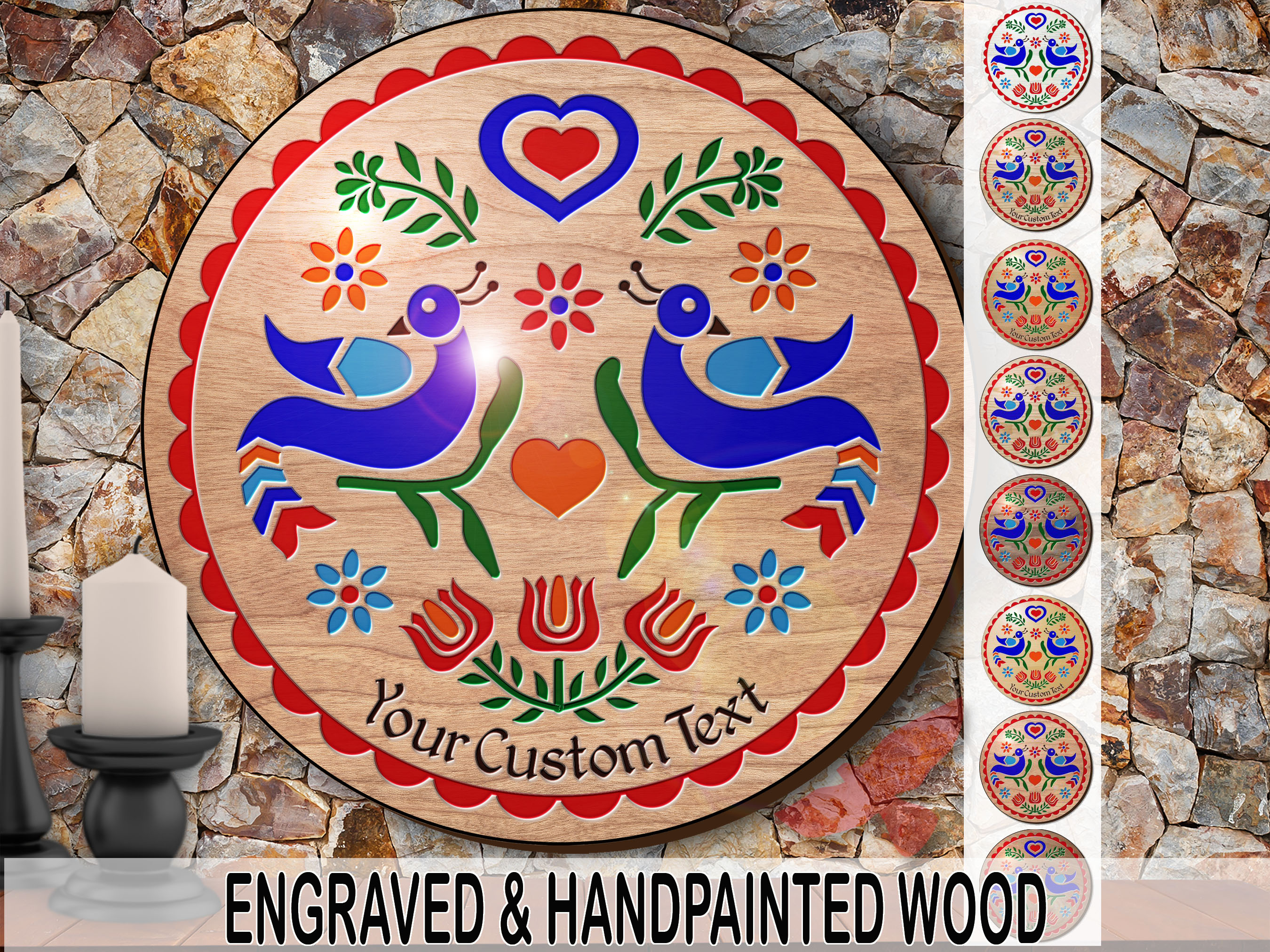 PA Dutch Custom Hex Sign Double Distelfink Engraved Hand-Painted