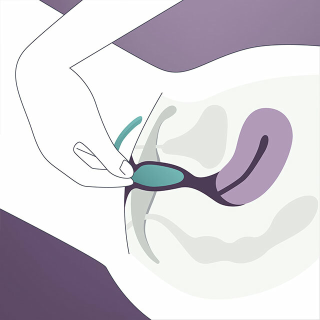 A line drawing of a hand inserting an Elvie trainer into a vagina, with the internal organs shown and coloured in purple