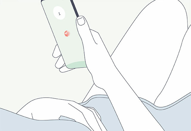 A line drawing of a woman's hand and arm holding a phone, with some of her legs and torso visible suggesting she is lying on her back with knees bent up