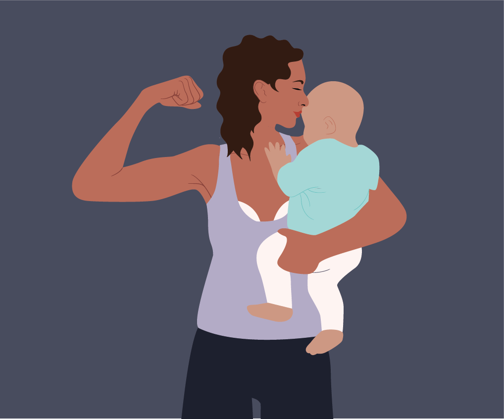 An illustration of a woman holding her baby in one arm and raising the other arm in a bicep flex. 