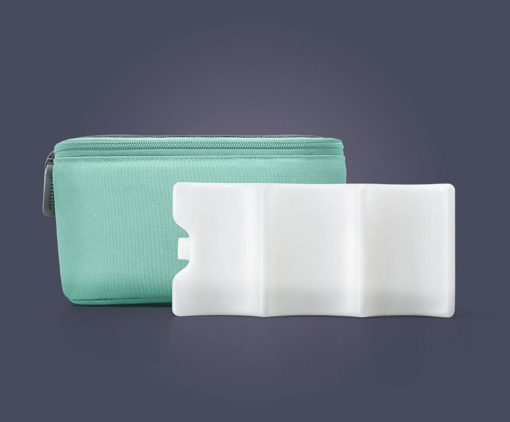 A mint green zip pouch and a milk storage bag