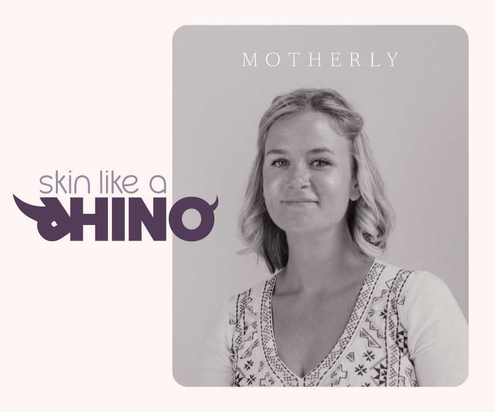 The head and shoulders of Liz Tenety, Founder of the wellbeing brand Motherly, with the word ‘Motherly’ above her head and the podcast name ‘Skin Like a Rhino’ to her left. 