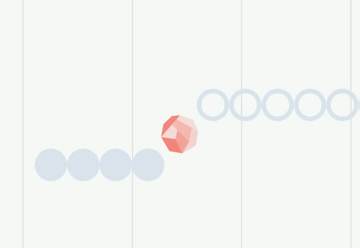 A graphic showing two horizontal rows of circles, one on the left of the image and the other on the right. The row on the right is higher than the row on the left, and the orange crystal is between them in the centre of the image