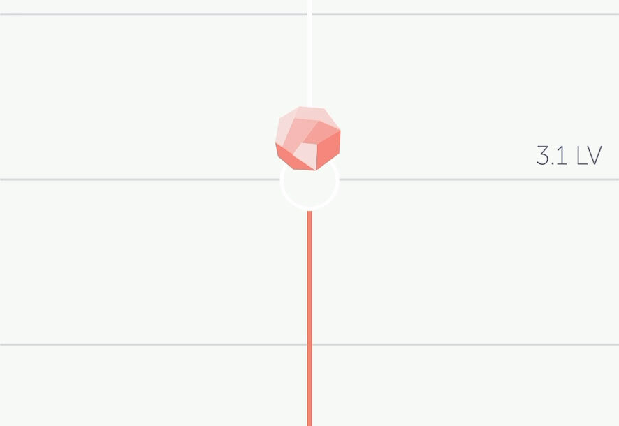 A graphic showing the orange crystal moving vertically upwards, with a straight vertical orange line extending from the bottom of it