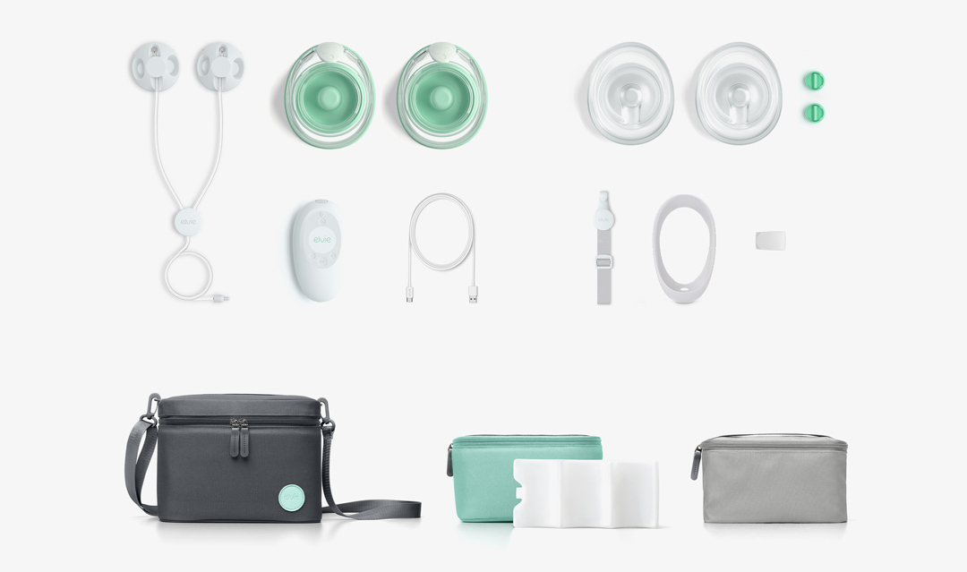 A flat layout of all the components in the Elvie Stride box - nipple shields, milk containers, size adjusters, USB charging cable, cable to connect control panel to pumps, the control panel, rubber caps and seals, tubing