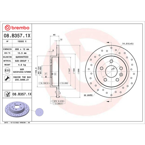 Brembo OE 2015 Chevrolet Cruze Drilled Xtra Brake Disc - Rear