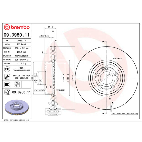 Brembo OE 20-23 Mercedes-Benz GLE350/20-21 GLE450/GLE580 UV Coated Brake Disc - Front
