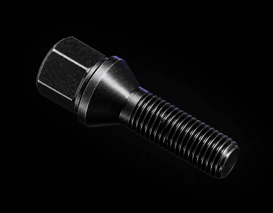 Complete black H&R wheel bolt showing its length and finish