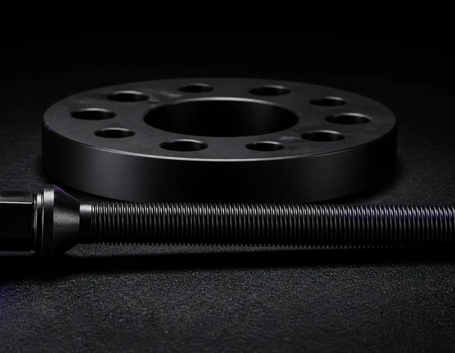 Extra-long black H and R wheel bolt beside a wheel spacer