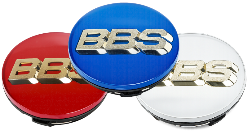 Red, blue, and silver BBS center caps