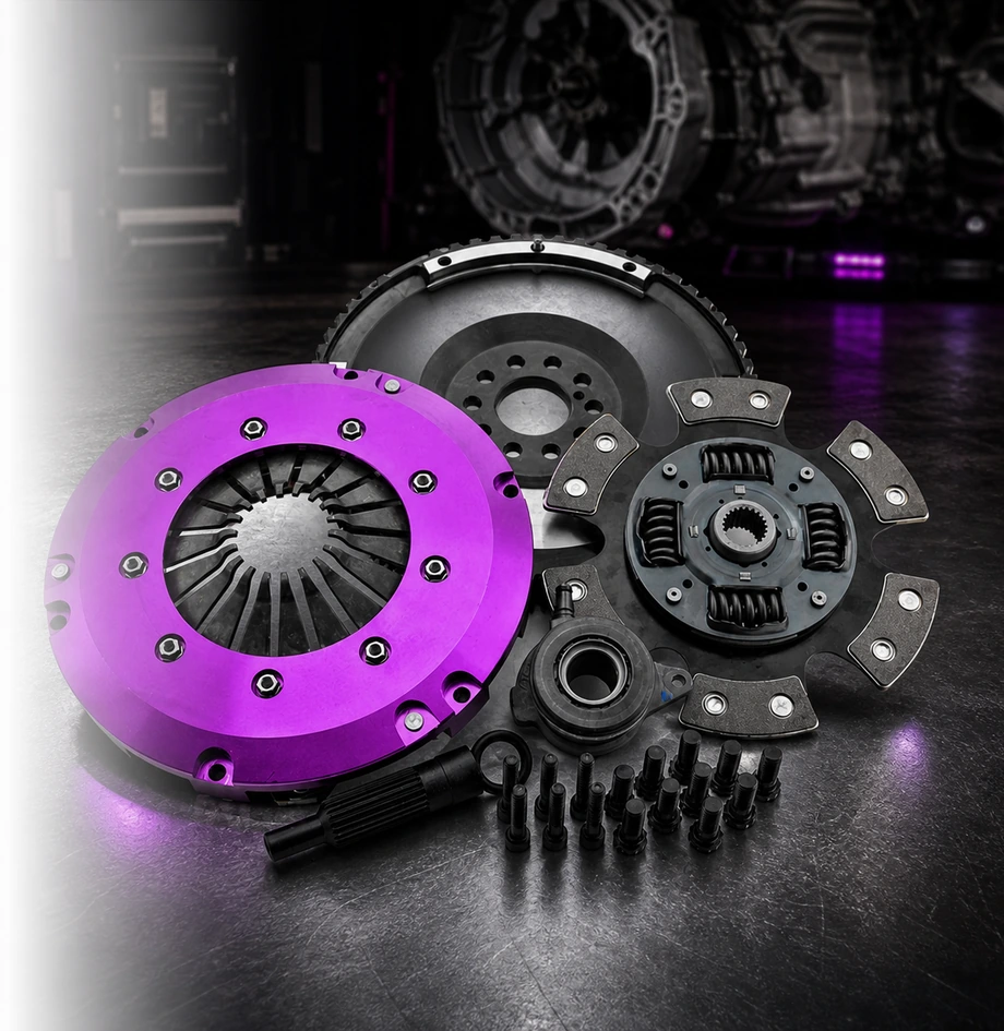 XClutch pressure plate, six-puck clutch disc, flywheel, release bearing, alignment tool, and installation hardware