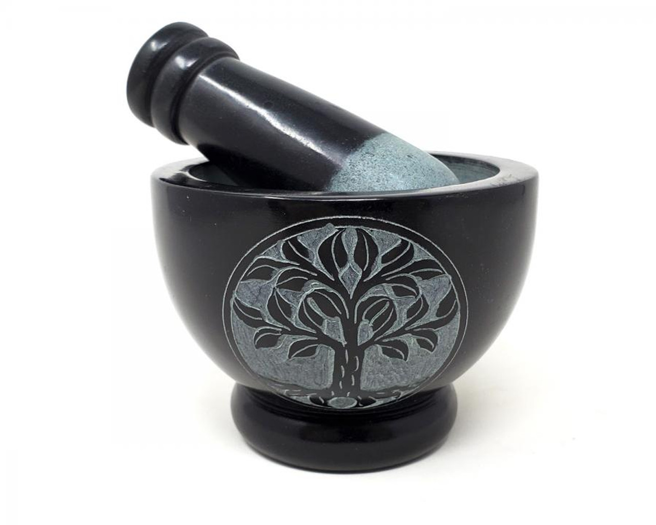 Tree of Life Carved Black Soapstone Mortar & Pestle 3" High x 4" Wide