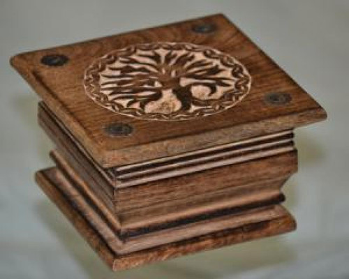 Tree of Life Carved Wood Box 6x6x3.75"H"