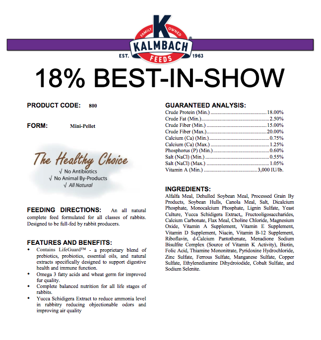 Kalmbach Best in Show Rabbit 18% 50# Growing Trade Pet Plant