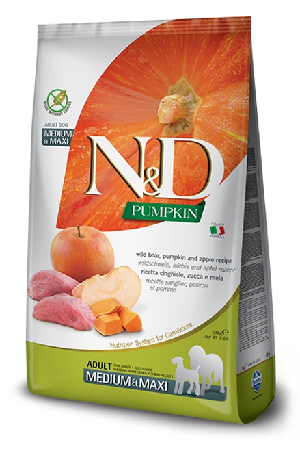 N&D Wild boar, pumpkin and apple recipe is formulated to meet the nutritional levels established by the AAFCO Dog Food Nutrient Profiles for maintenance.