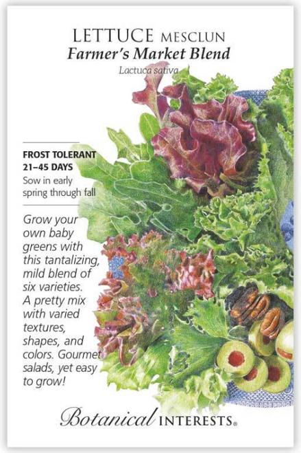 Why go to the grocery store for pricey mesclun when it's so easy to grow your own? This perfect blend of six leaf lettuce varieties has a beautiful range of leaf shapes, textures, and colors with mild flavor. Begin harvesting leaves in just 3 weeks! Cut back plants and they will re-grow. Easy to grow in containers. Varieties include: 'Tango' 15%, 'Royal Oak Leaf' 15%, 'Red Salad Bowl' 32%, 'Black Seeded Simpson' 15%, 'Grand Rapids TBR' 15%, 'Red Sails' 8%. Why go to the grocery store for pricey mesclun when it's so easy to grow your own? This perfect blend of six leaf lettuce varieties has a beautiful range of leaf shapes, textures, and colors with mild flavor. Begin harvesting leaves in just 3 weeks! Cut back plants and they will re-grow. Easy to grow in containers. Varieties include: 'Tango' 15%, 'Royal Oak Leaf' 15%, 'Red Salad Bowl' 32%, 'Black Seeded Simpson' 15%, 'Grand Rapids TBR' 15%, 'Red Sails' 8%.