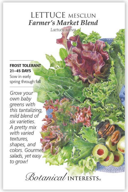 Why go to the grocery store for pricey mesclun when it's so easy to grow your own? This perfect blend of six leaf lettuce varieties has a beautiful range of leaf shapes, textures, and colors with mild flavor. Begin harvesting leaves in just 3 weeks! Cut back plants and they will re-grow. Easy to grow in containers. Varieties include: 'Tango' 15%, 'Royal Oak Leaf' 15%, 'Red Salad Bowl' 32%, 'Black Seeded Simpson' 15%, 'Grand Rapids TBR' 15%, 'Red Sails' 8%.