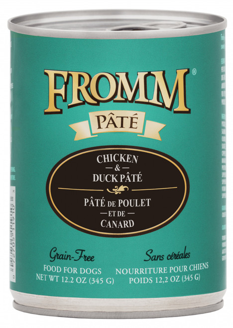 Fromm Chicken & Duck Pâté features finely minced chicken and duck cooked in chicken broth with potatoes, carrots, and peas.