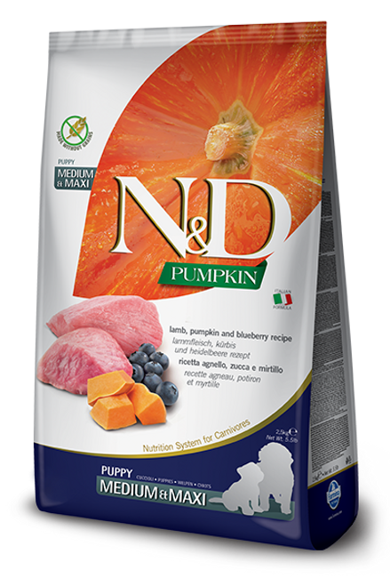 N&D Lamb, pumpkin and blueberry recipe for puppies is formulated to meet the nutritional levels established by the AAFCO Dog Food Nutrient Profiles for All Life Stages including growth of large size dogs (70 lb. or more as an adult).
