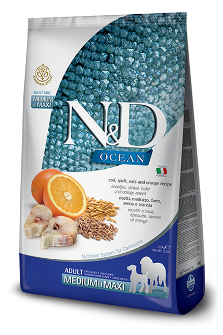 N&D Cod, spelt, oats and orange recipe is formulated to meet the nutritional levels established by the AAFCO Dog Food Nutrient Profiles for maintenance.