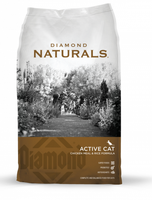 Made with ingredients of exceptional quality, Diamond Naturals provides complete, holistic nutrition for every pet. Each Diamond Naturals dry formula is enhanced with superfoods and guaranteed probiotics, for optimal nutrition and digestive support. Diamond Naturals Active Cat Chicken Meal & Rice Formula is formulated with high levels of protein and fat to meet the specific needs of active adult cats. Also appropriate for kittens and pregnant or nursing adult cats, this formula contains DHA to support brain and vision development in kittens. This high-protein, high-fat formula provides high-power nutrition in every situation.