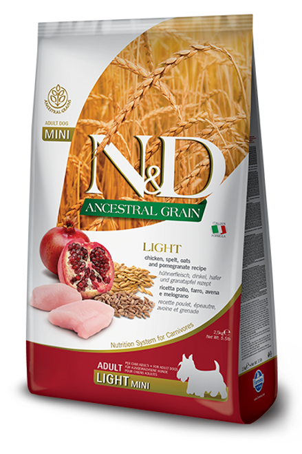 N&D Light - Chicken, spelt, oats and pomegranate is formulated to meet the nutritional levels established by the AAFCO Dog Food Nutrient Profiles for maintenance.