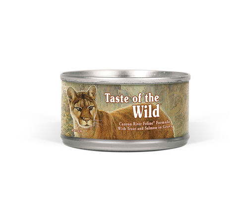 A great-tasting complement to the Canyon River Feline dry formula, or a stand-alone diet for your special cat. A grain-free formula with sweet potatoes provides highly digestible energy for your active cat. Made with trout and salmon, this formula offers great taste and quality fish protein. Supplemented with vegetables and fruits, this formula delivers antioxidants to help give your friend a healthy lifestyle. Veterinarians recommend feeding wet food as part of your cat’s diet to lower carbohydrate intake and to increase water intake, both important features in feline nutrition. Satisfy your cat’s nutritional needs by feeding Canyon River Feline Formula with Trout and Salmon in Gravy.