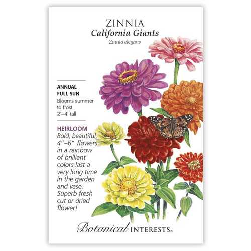 Zinnias are a must for anyone wanting glorious, long-lasting colors throughout the garden as well as for cut flower arrangements. The more you cut, the more they bloom! Since 1926, 'California Giants' has delivered large blossoms on heat-loving, tall plants; stunning planted in mass. Each individual flower lasts a very long time on the plant, and in the vase.