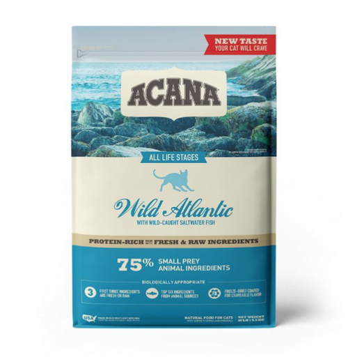 Bursting with 75% wild-caught mackerel, herring, redfish, hake, and flounder in WholePrey ratios of fish, organs, and bone, ACANA Wild Atlantic naturally delivers the nutrients your cat requires for peak health, nourishing them the way Mother Nature intended.