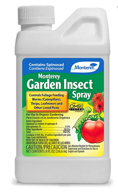 For control of foliage feeding worms (caterpillars), leafminers, thrips, fire ants and other listed pests in Lawns • Outdoor Ornamentals, Vegetables, Apples, Citrus and Stone Fruit.
