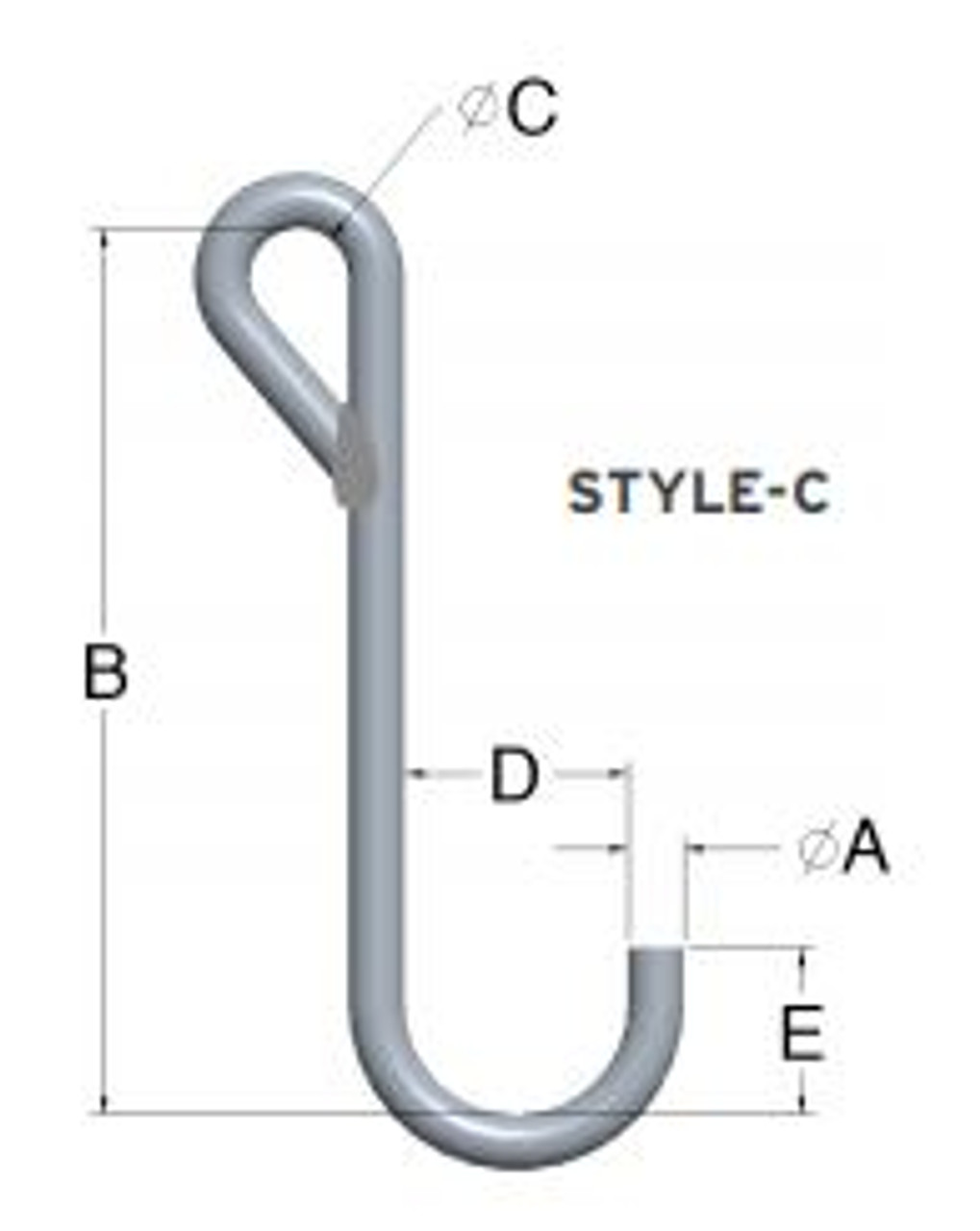 Illustration parts of different J-hook shapes: (A) straight hook, (B)