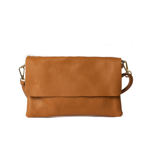 SKINNVESKE: CLUTCH med flip- cognac 