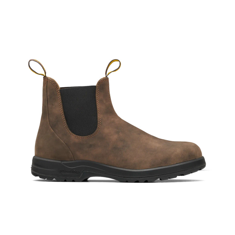 Blundestone, rustic brown, vibram sole, slip on, adventure boot