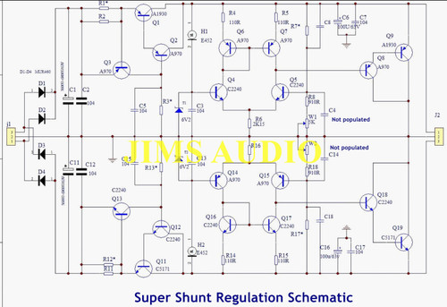 Low-noise super shunt regulator using BJTs user settable +/-15V to +/-70V PCB !