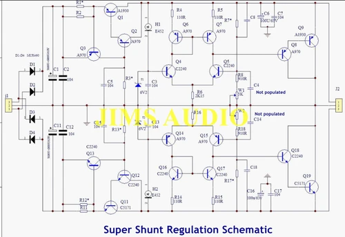 Low-noise super shunt regulator using BJTs user settable +/-15V to +/-70V PCB