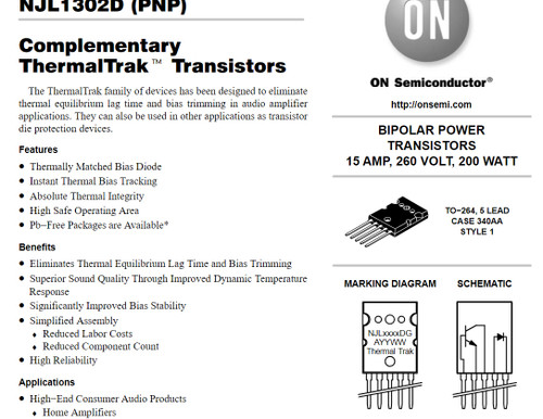 On Semi NJL1302DG / NJL3281DG ThermalTrak Power Transistors – Linear Gain – For High-Power Amps